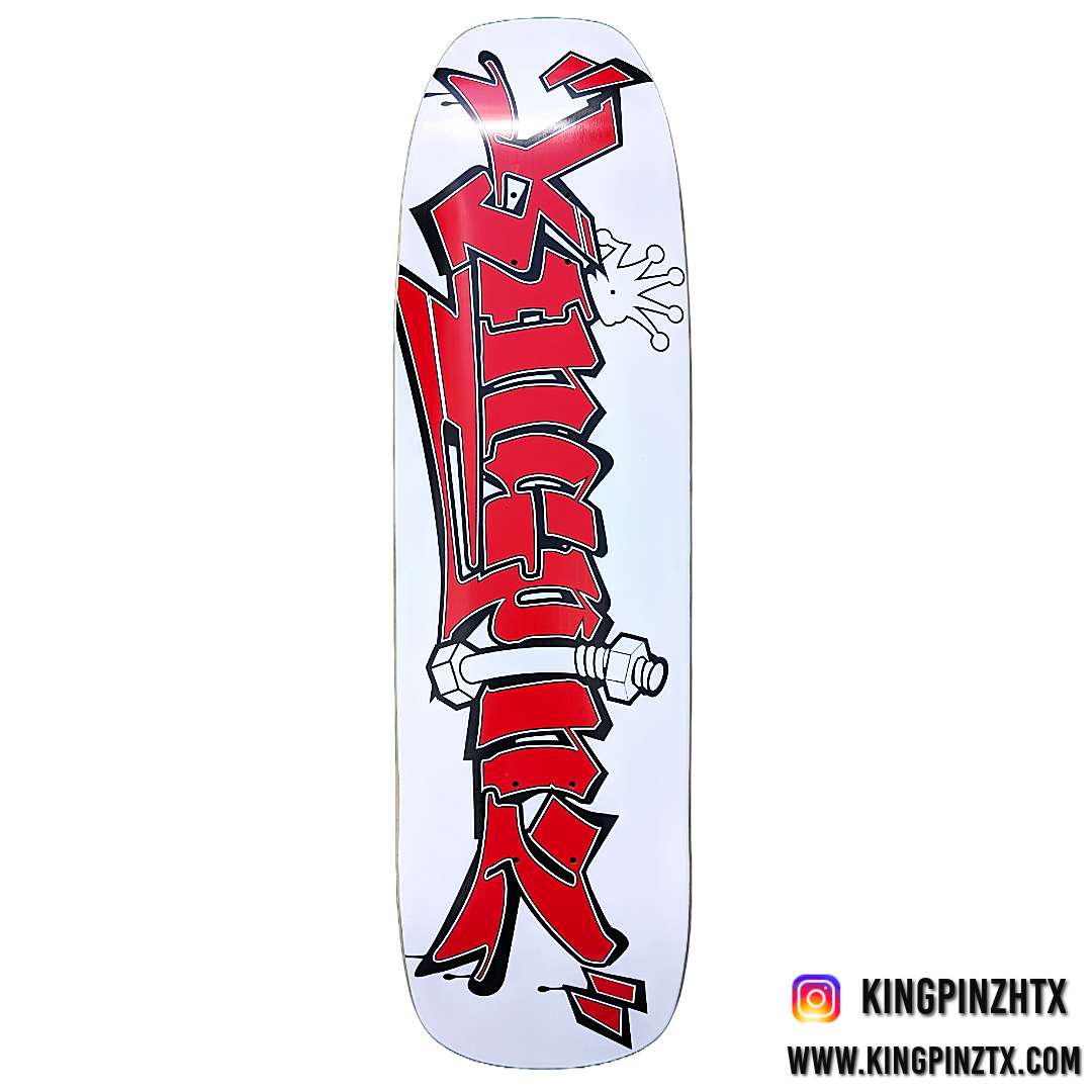 El Gigante, The Giant Kingpinz OG Tag skateboard deck. Dominate all terrain with this oversized all-terrain shredder, featuring a square nose, square tail, and plush concave . Size: 9.0 | Nose: 6.9 | Tail: 6.5 | Length: 33 | WB: 15.25 Kingpinztx.com