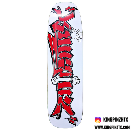 El Gigante, The Giant Kingpinz OG Tag skateboard deck. Dominate all terrain with this oversized all-terrain shredder, featuring a square nose, square tail, and plush concave . Size: 9.0 | Nose: 6.9 | Tail: 6.5 | Length: 33 | WB: 15.25 Kingpinztx.com