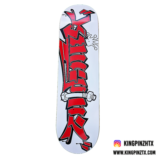 Kingpinz tag skateboard deck, showcasing the OG Kingpinz squarish round shape and an oversized wheelbase for unmatched compact size and high-speed stability. Size: 8.0 | Nose: 7.0 | Tail: 6.625 | Length: 32.25 | WB: 14.25 Kingpinztx.com